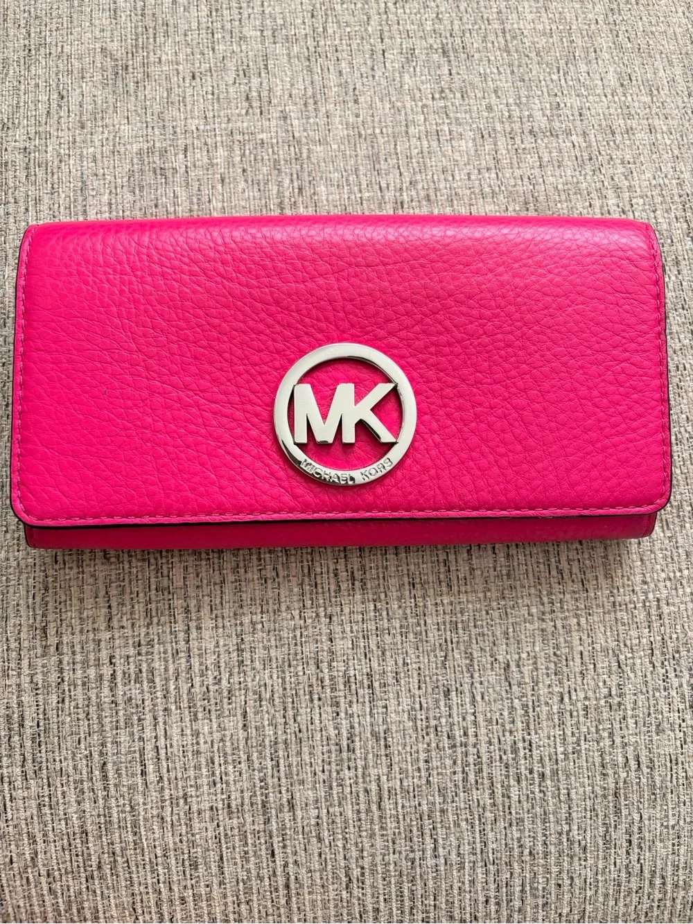 Michael Kors Hot Pink Pebbled Leather Continental Wallet with MK Logo